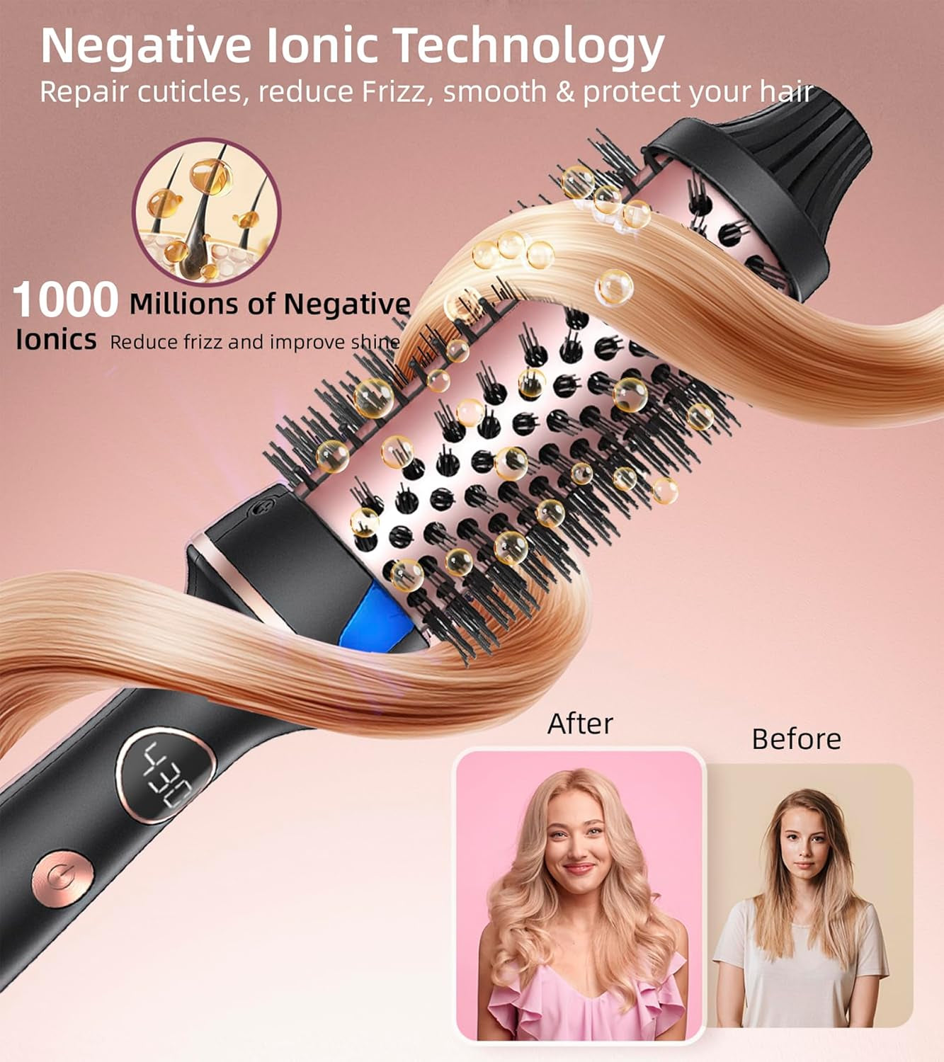 Thermal Hair Brush for Blowout Look, 1.5 Inch Heated round Brush for Natural Curl,Ionic Curling Iron Wand with Dual Voltage, Volumizing Smoothing Hot round Brush, Black